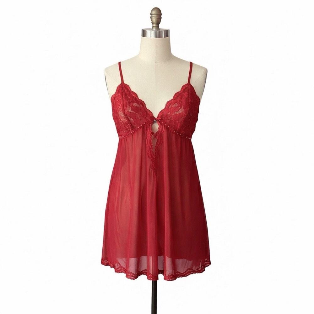Rachael Roy Lace Top Babydoll Teddy L Sheer Red Floral Y2K Fairycore Valentine